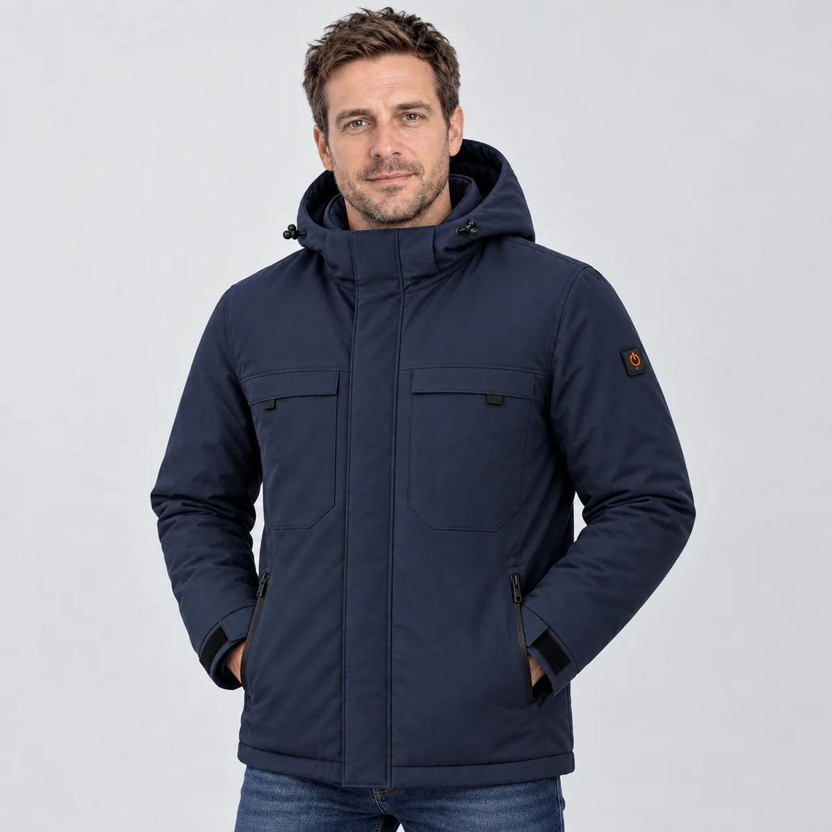 Parka chauffant pour homme PyreFit Regaro en bleu marine, vue de face