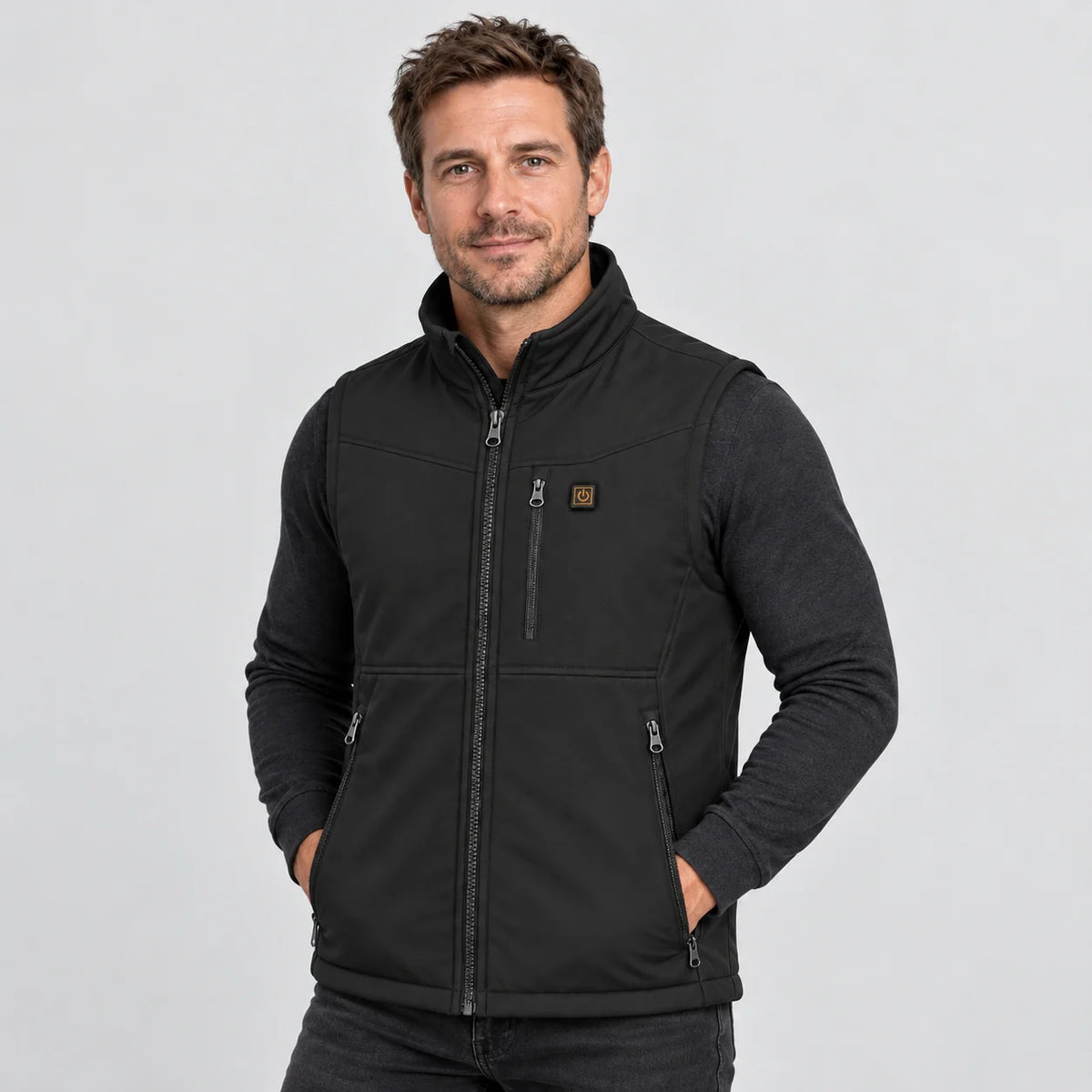 Heated outdoor vest PyreFit Relior, worn, front view