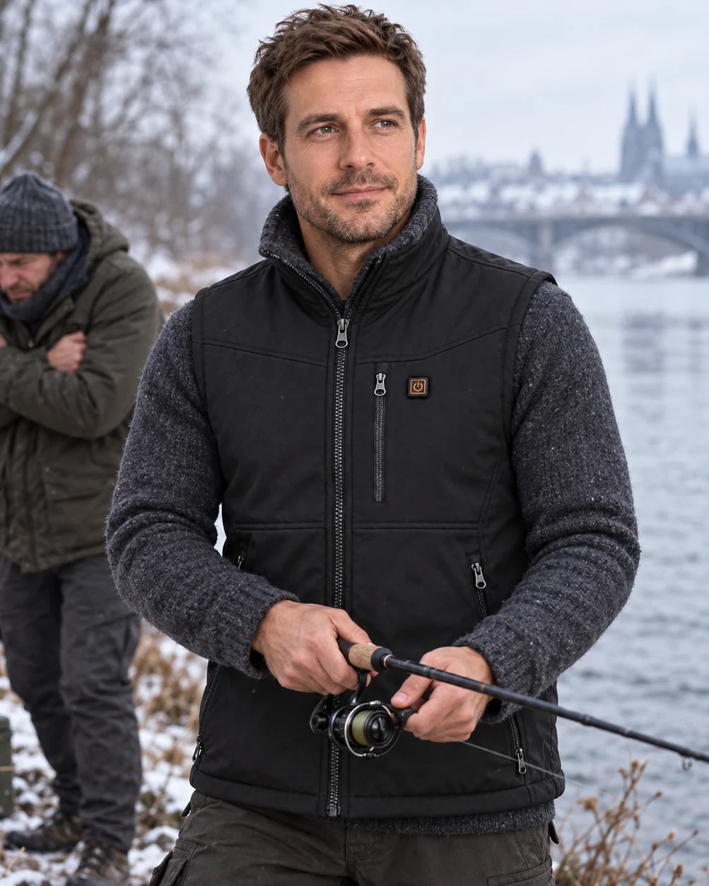 Heated outdoor vest PyreFit Relior on a winter day: fishing