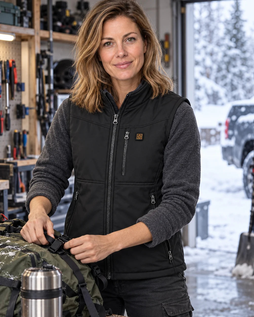 Heated outdoor vest PyreFit Relior on a winter day: in the workshop