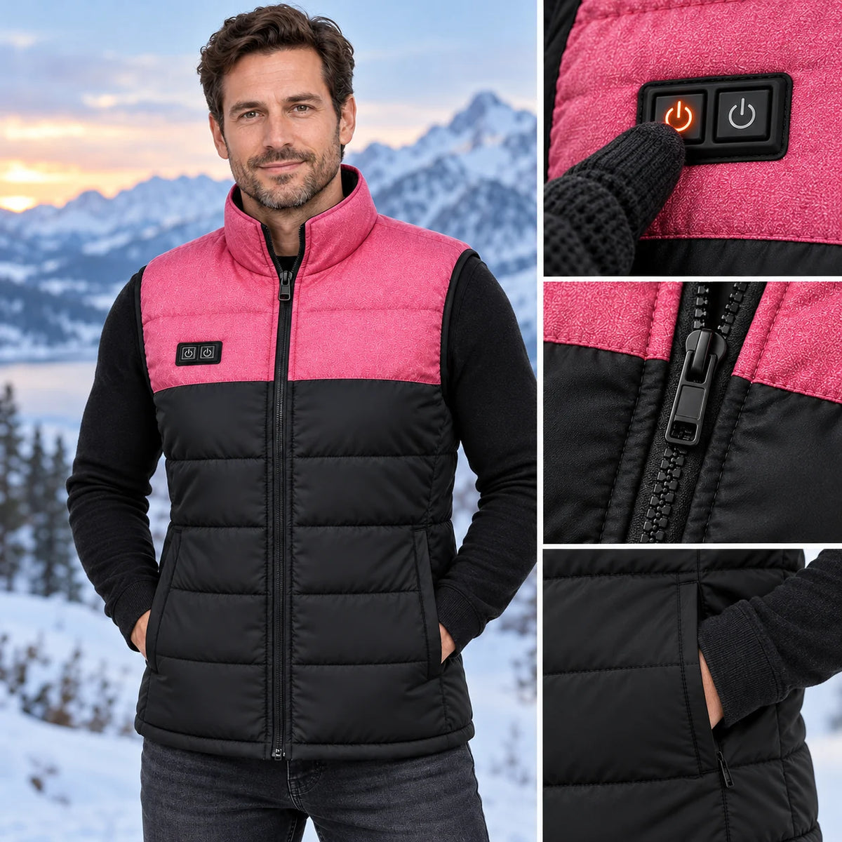 Veste matelassée chauffante sans manches unisexe PyreFit Rundor, gros plan sur le bouton de commande
