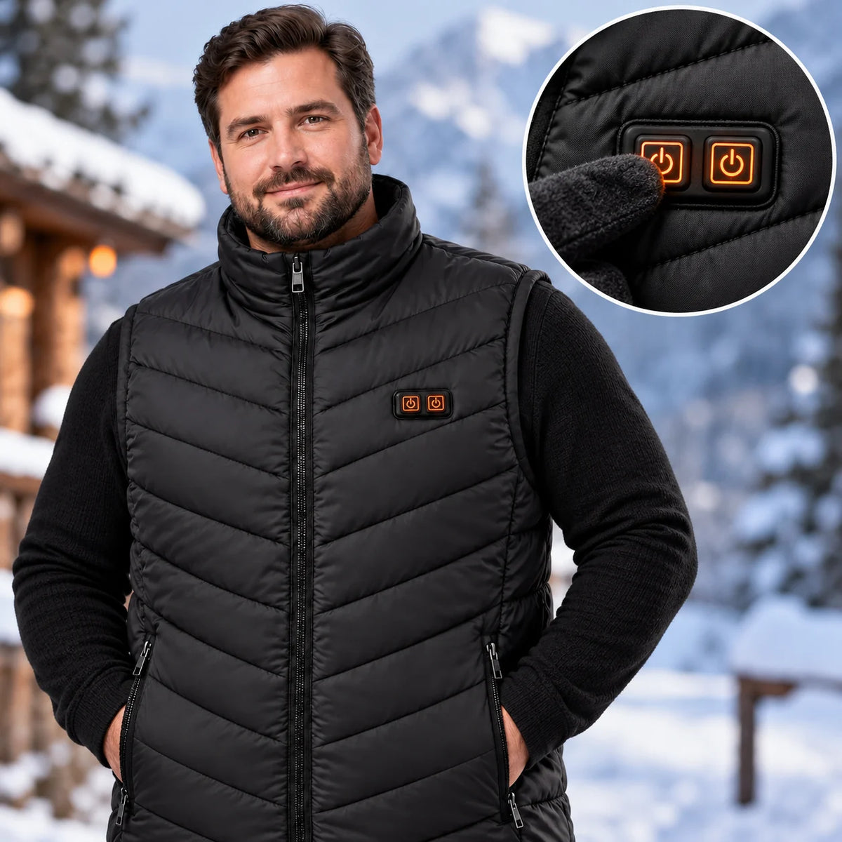 Veste chauffante sans manches unisexe grandes tailles PyreFit Schattor, gros plan sur le bouton de commande