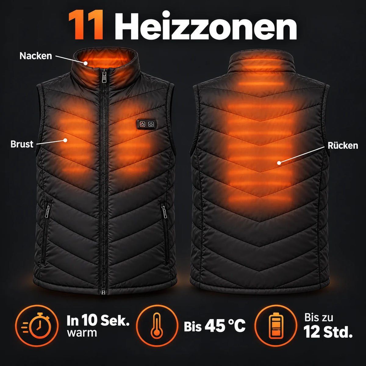 Veste chauffante sans manches unisexe grandes tailles PyreFit Schattor : 11 zones chauffantes à la poitrine, à la nuque et au dos