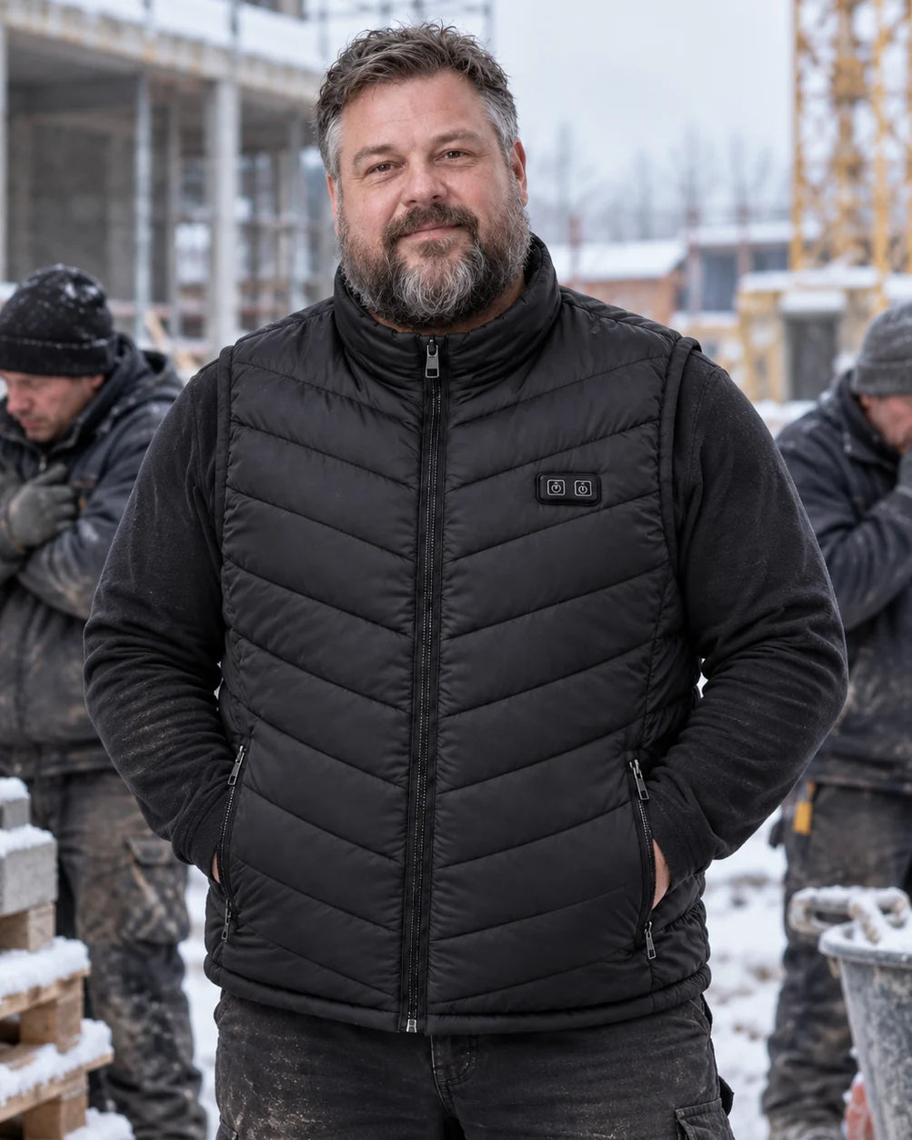 Veste chauffante sans manches unisexe grandes tailles PyreFit Schattor au quotidien en hiver : sur le chantier