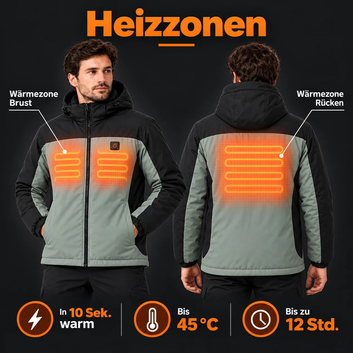 Parka chauffant unisexe PyreFit Schiefer : zones chauffantes à la poitrine et au dos