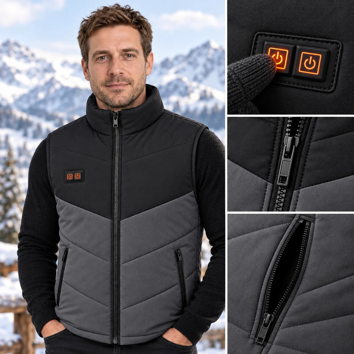 Men's heated vest PyreFit Sherpor, control button close-up