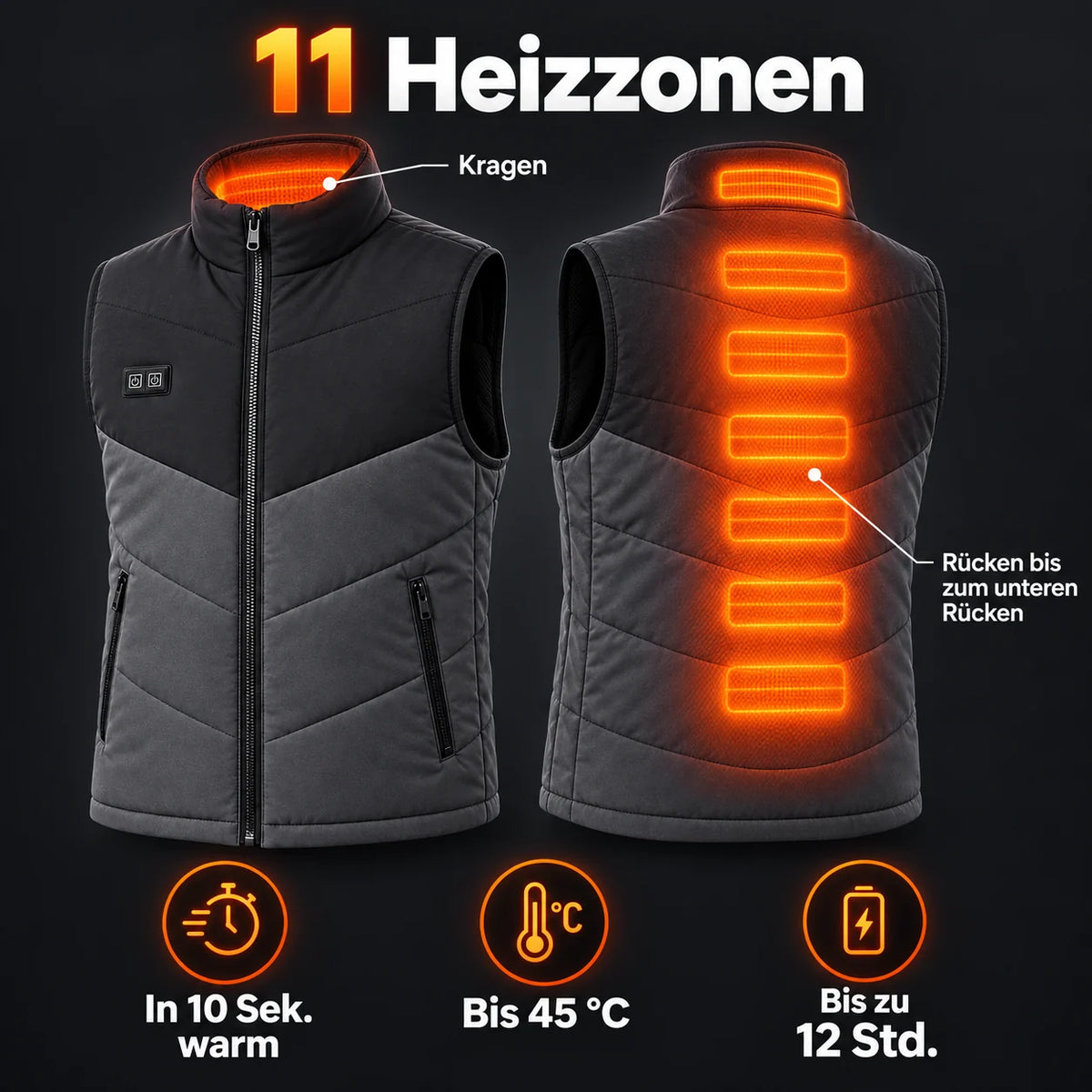 Veste chauffante sans manches pour homme PyreFit Sherpor : 11 zones chauffantes du col jusqu'au bas du dos