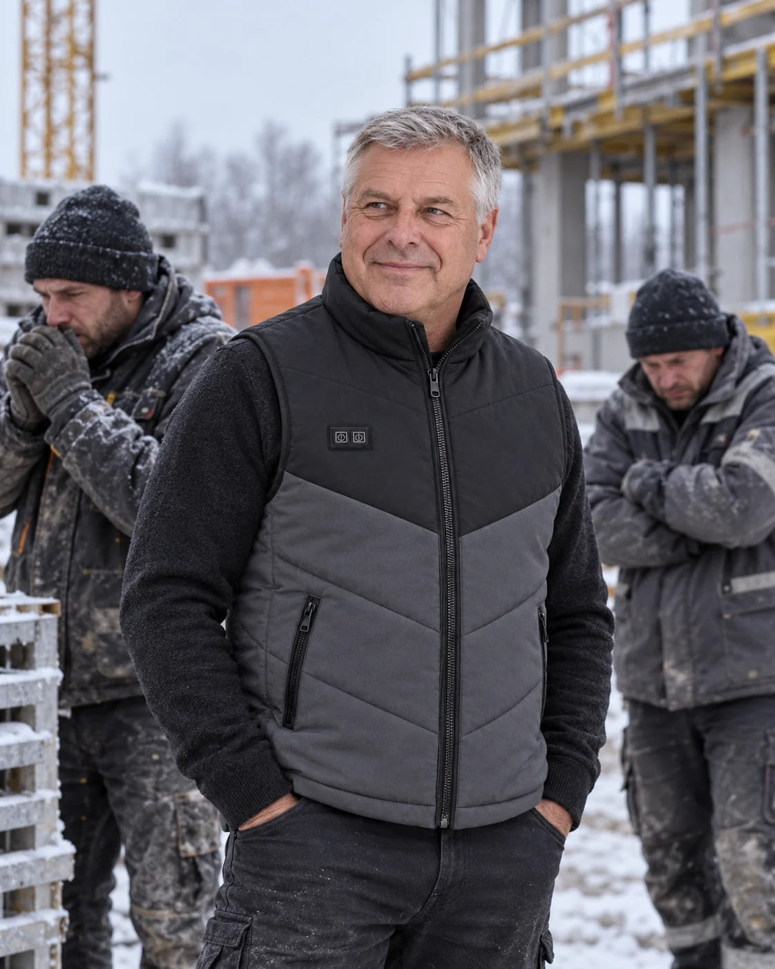Men's heated vest PyreFit Sherpor on a winter day: on the construction site