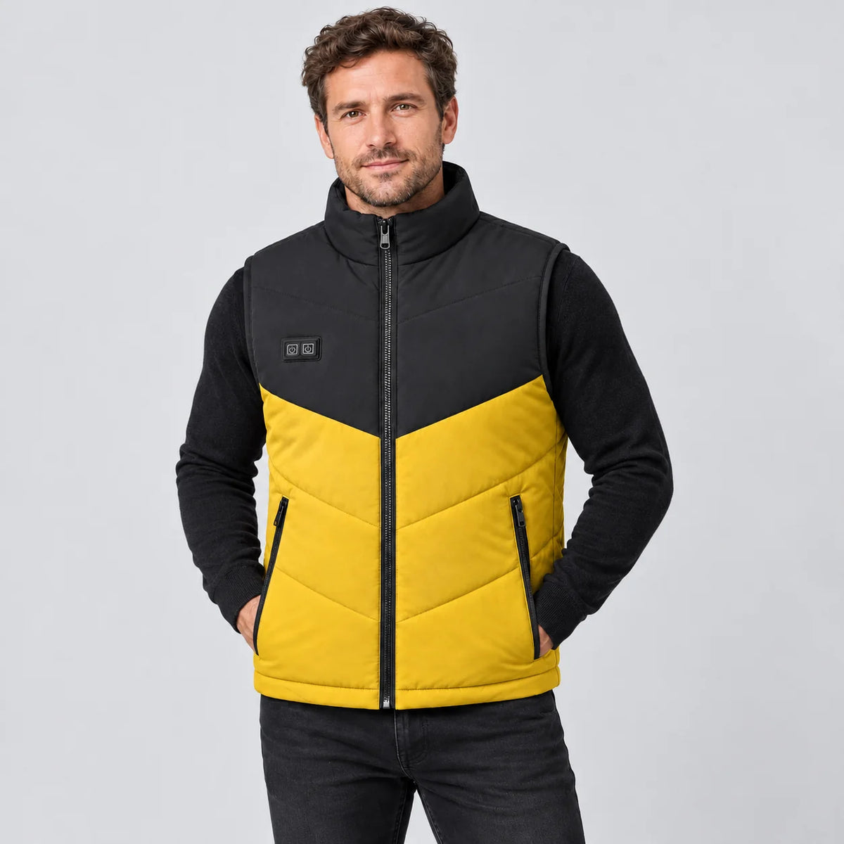 Men's heated vest PyreFit Sherpor in yellow, front view