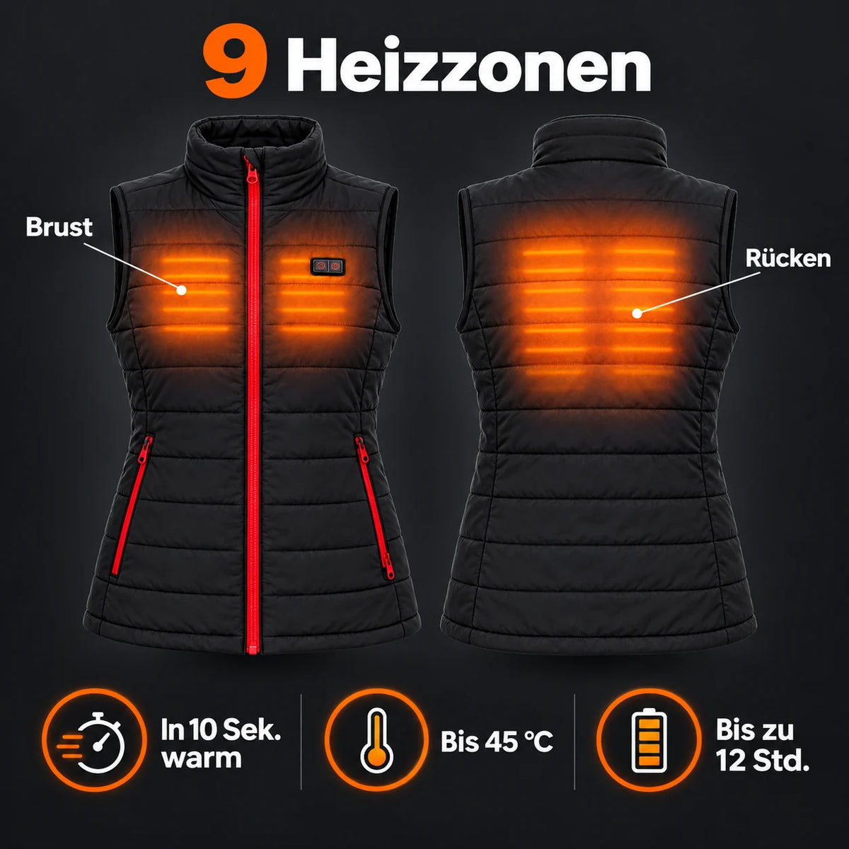 Veste chauffante sans manches pour femme PyreFit Silvaia : 9 zones chauffantes à la poitrine et au dos