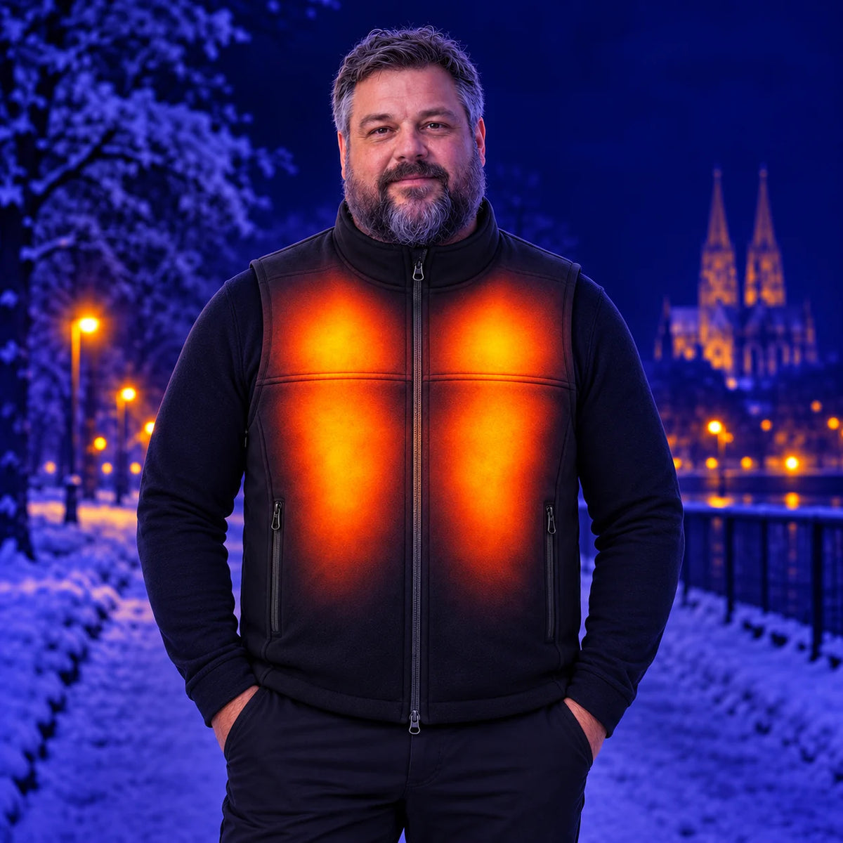 Unisex heated vest with adjustable fit PyreFit Tarnor – warmth across the chest (4 zones) and back (9 zones)