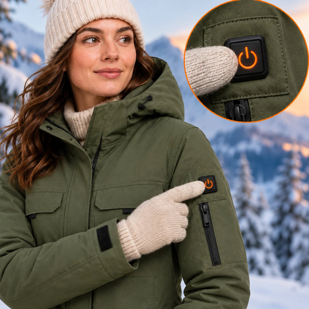 Parka chauffant pour femme PyreFit Terrano, gros plan sur le bouton de commande