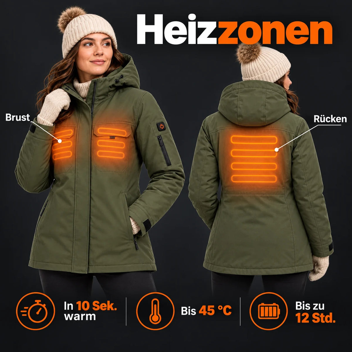 Parka chauffant pour femme PyreFit Terrano : zones chauffantes à la poitrine et au dos