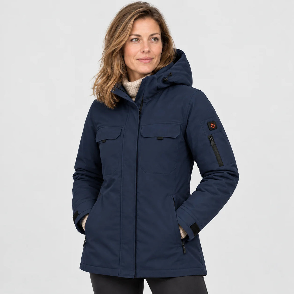 Women's heated parka PyreFit Terrano in navy, front view