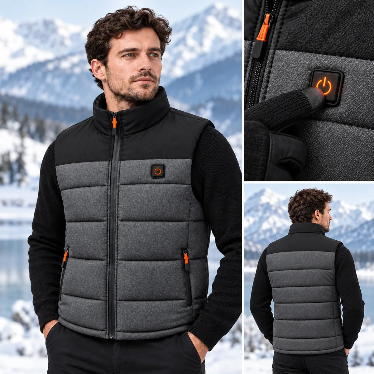 Veste chauffante sans manches unisexe PyreFit Trailon, gros plan sur le bouton de commande
