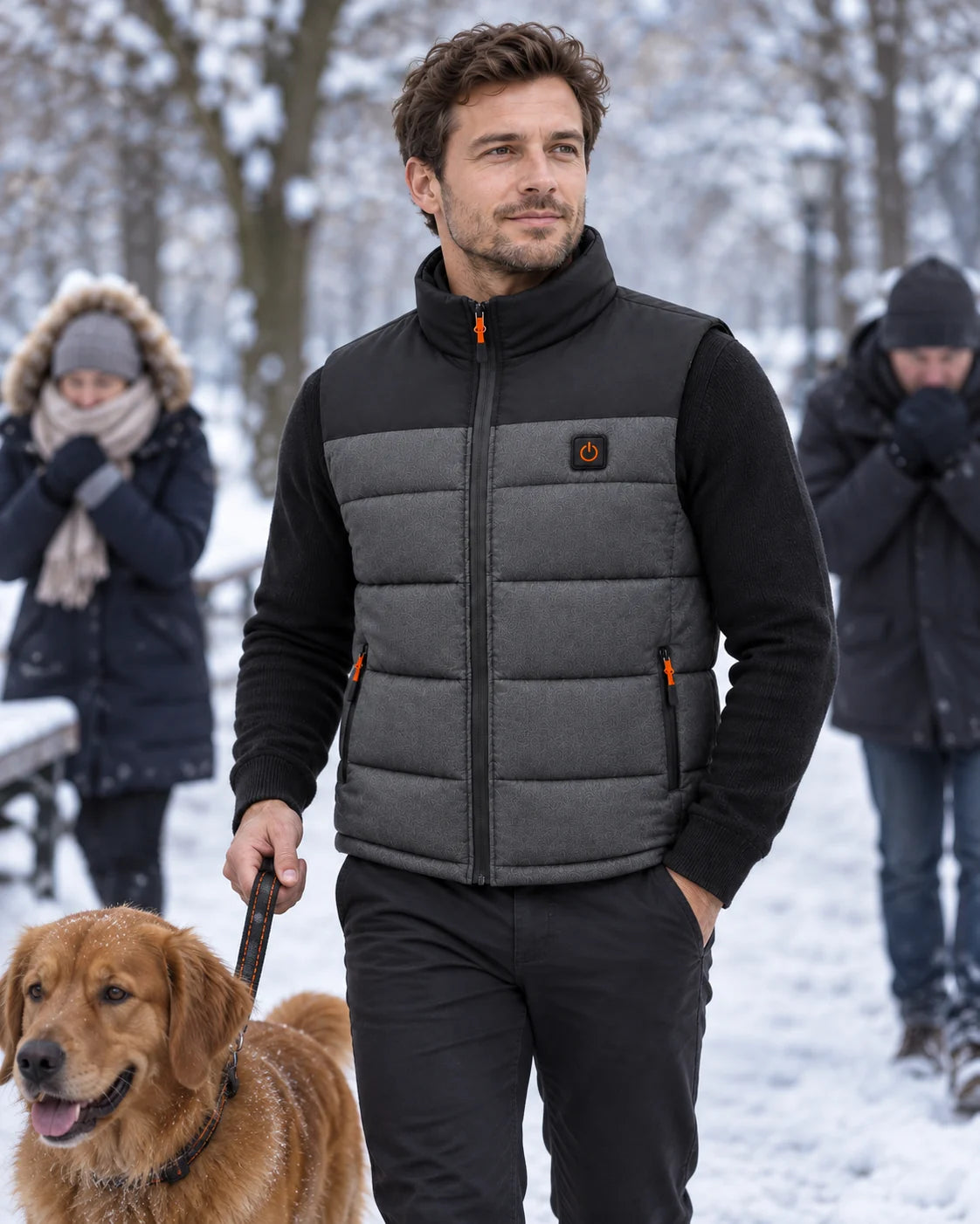 Veste chauffante sans manches unisexe PyreFit Trailon au quotidien en hiver : avec le chien