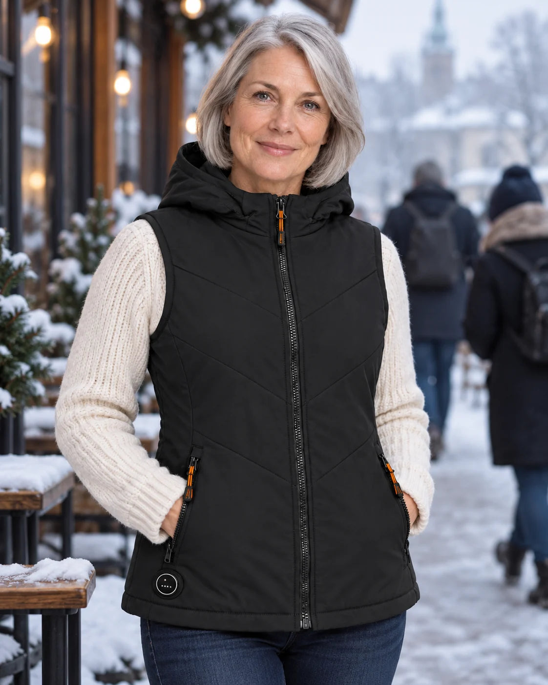 Women's heated hooded vest PyreFit Transitor on a winter day: over a sweater