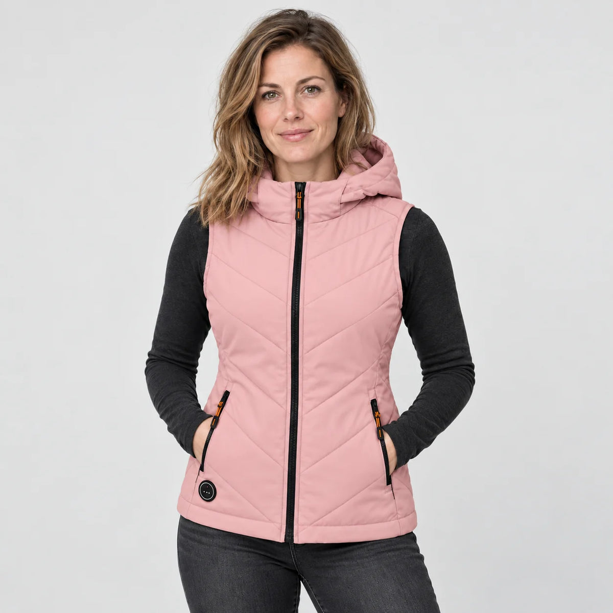 Women's heated hooded vest PyreFit Transitor in pink, front view