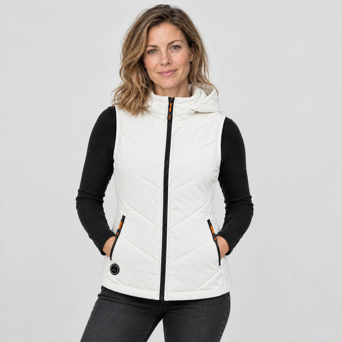 Women's heated hooded vest PyreFit Transitor in white, front view