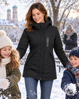 Women's heated parka PyreFit Traverso on a winter day: with the kids