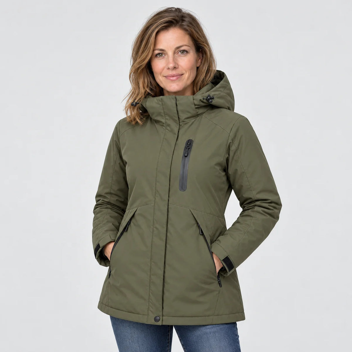 Women's heated parka PyreFit Traverso in khaki, front view
