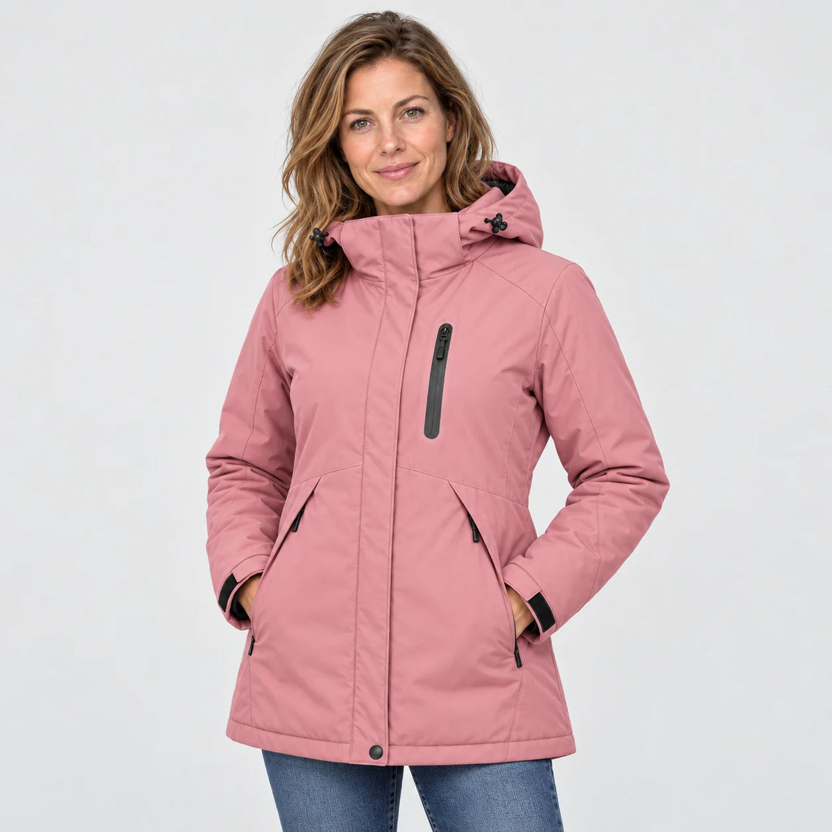 Women's heated parka PyreFit Traverso in pink, front view
