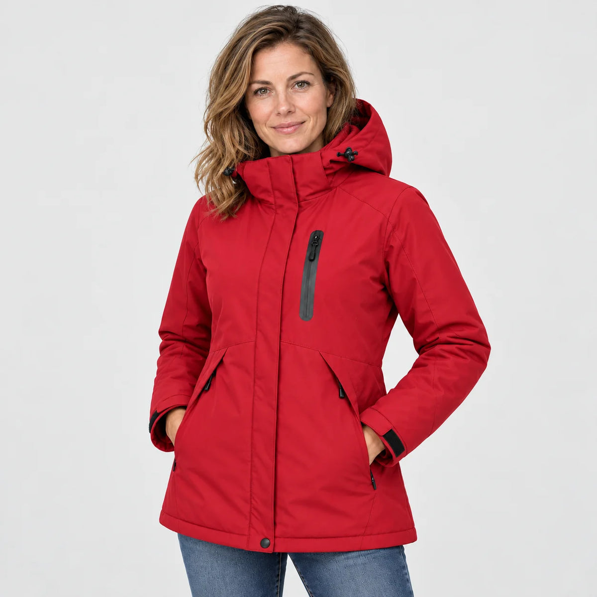 Women's heated parka PyreFit Traverso in red, front view