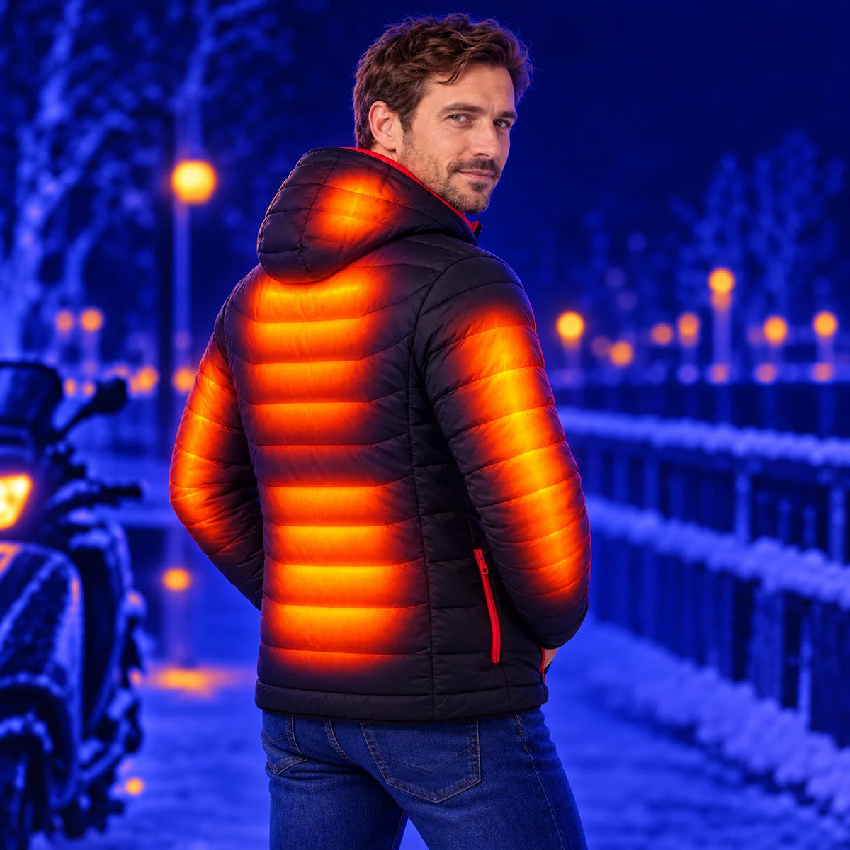 Men's heated puffer jacket PyreFit Travina – warmth across the neck, back, lower back and arms