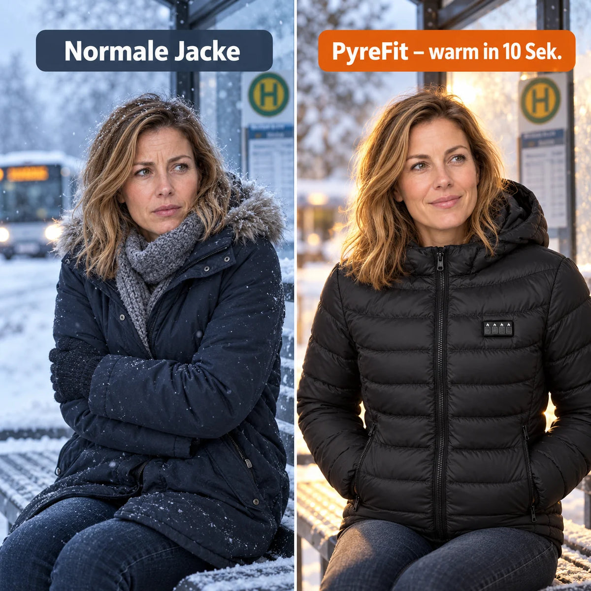 Comparaison : manteau d'hiver ordinaire et manteau chauffant PyreFit