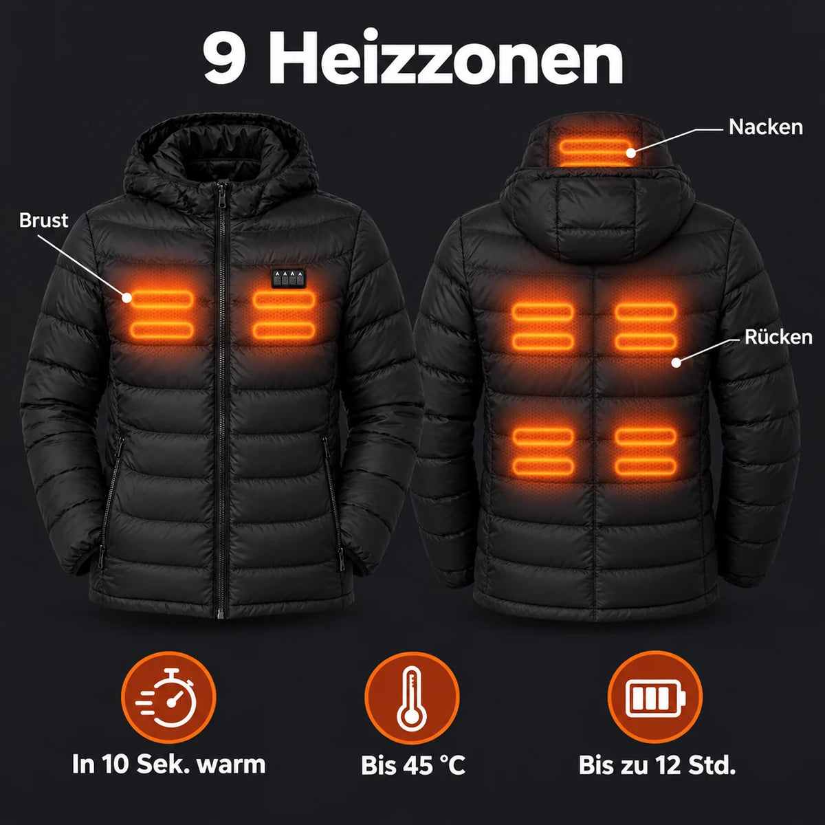 Manteau matelassé chauffant PyreFit Heizjacke : 9 zones chauffantes à la poitrine, au dos et à la nuque