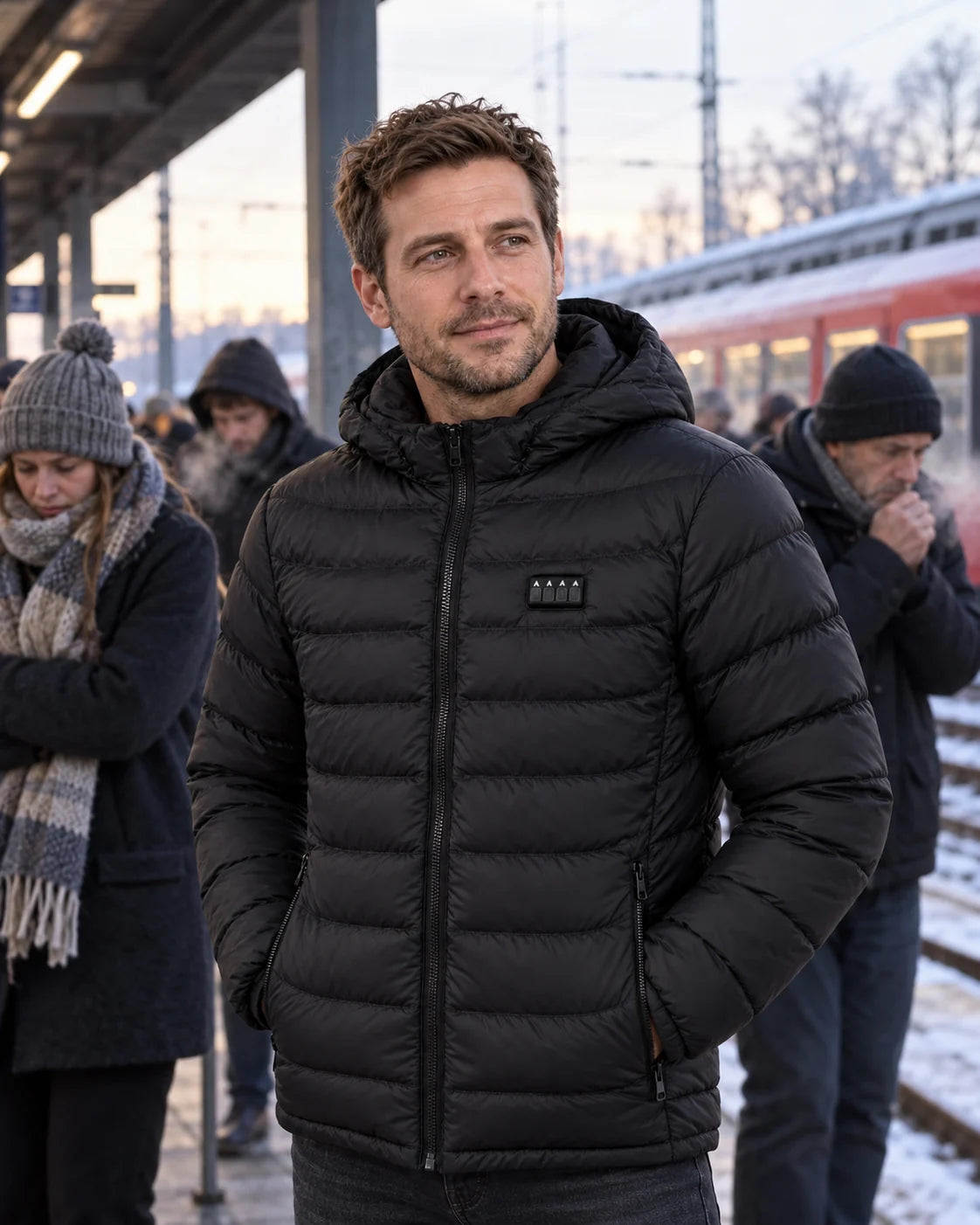 Heated jacket while waiting on the train platform