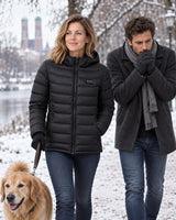 PyreFit heated puffer jacket in black, out in everyday winter life