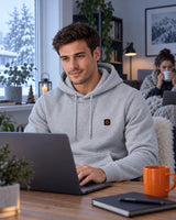 Heated hoodie PyreFit Velocor on a winter day: working from home