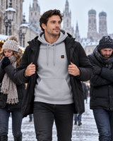 Heated hoodie PyreFit Velocor on a winter day: under a jacket