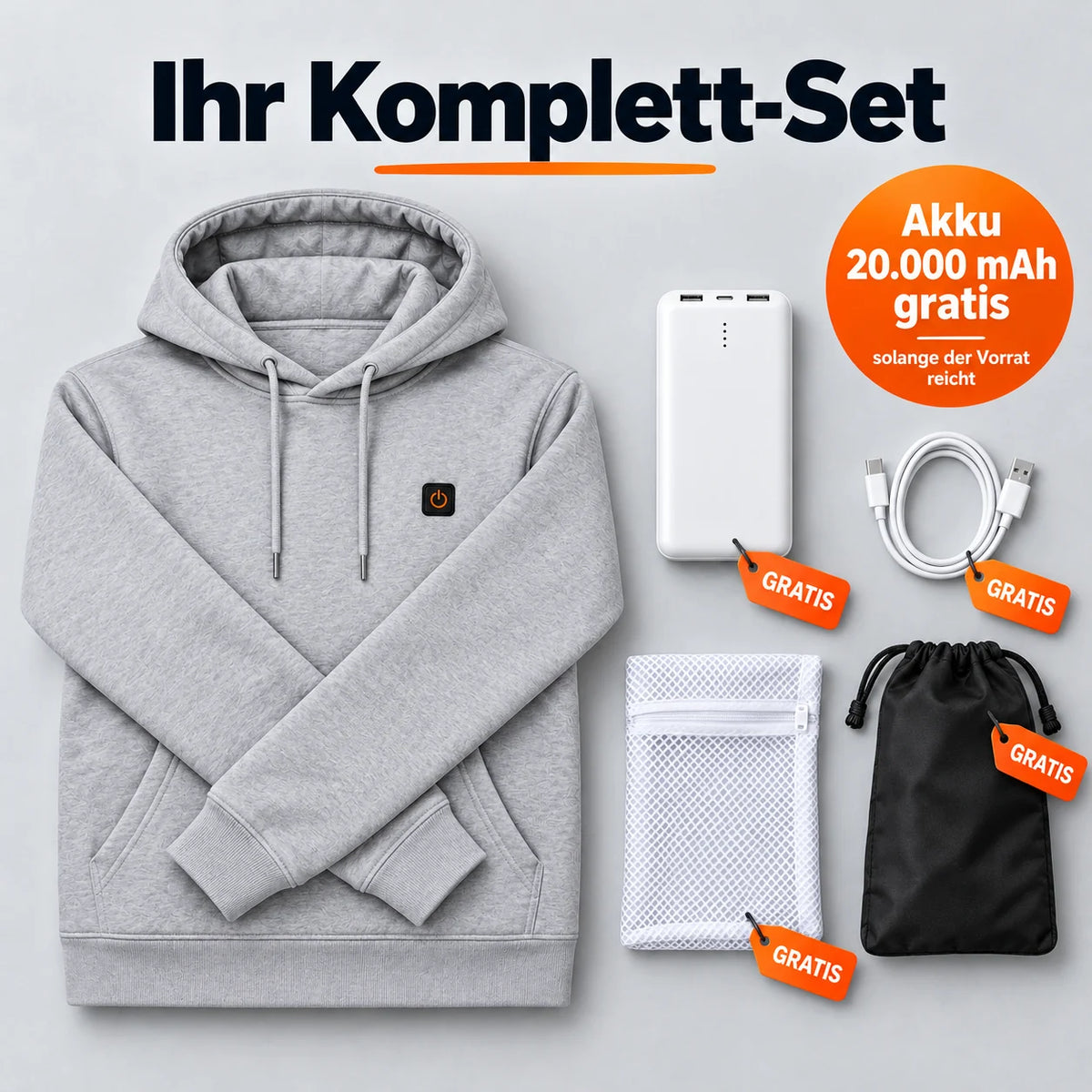 Complete Set: Velocor, 20,000 mAh power bank, charging cable, laundry bag and storage bag