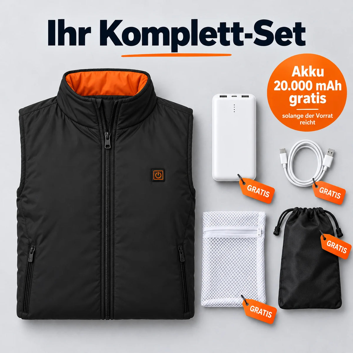 Ensemble complet : Ventaro, batterie 20 000 mAh, câble de recharge, sac de lavage et sac de rangement