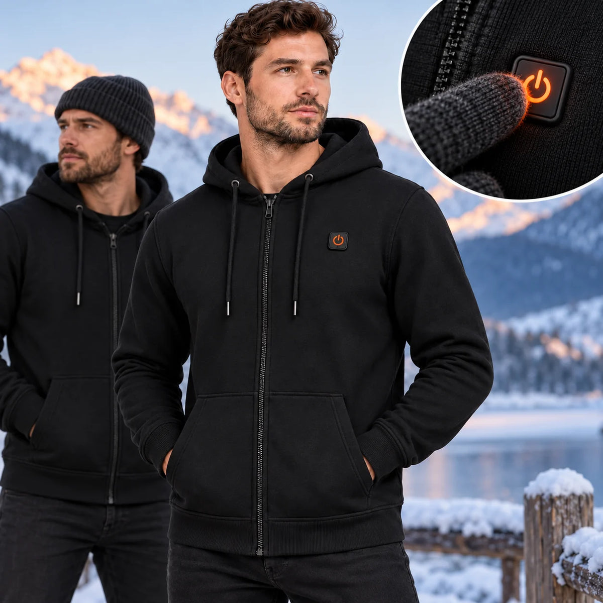 Men's heated zip hoodie PyreFit Voltor, control button close-up
