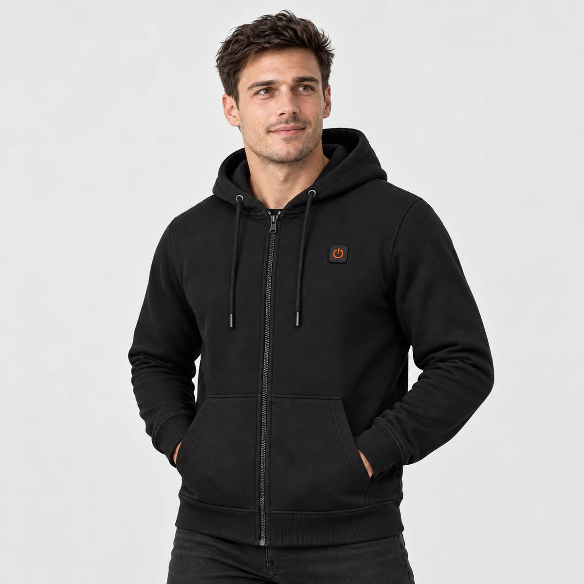 Men's heated zip hoodie PyreFit Voltor, worn, front view