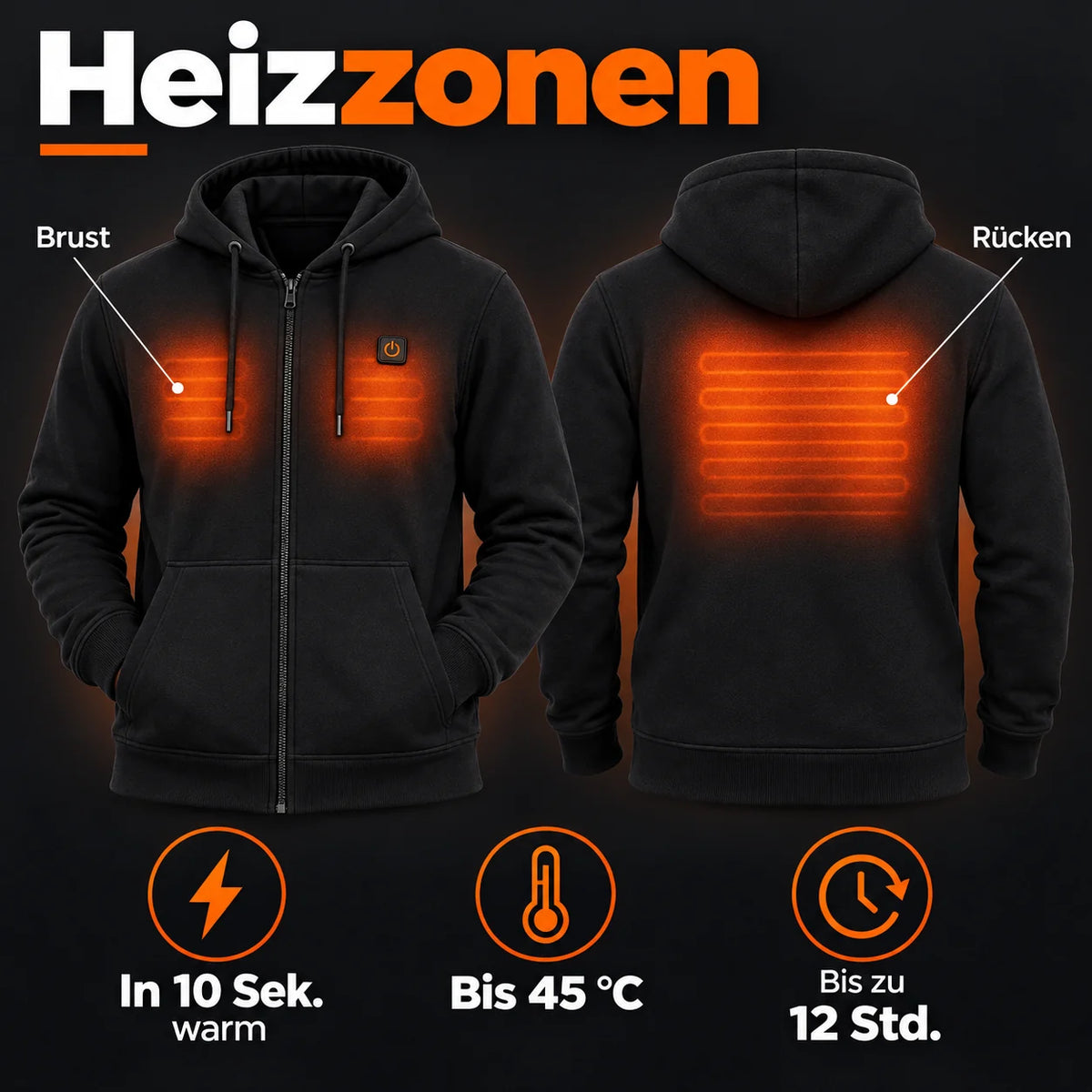 Men's heated zip hoodie PyreFit Voltor: heating zones across the chest and back