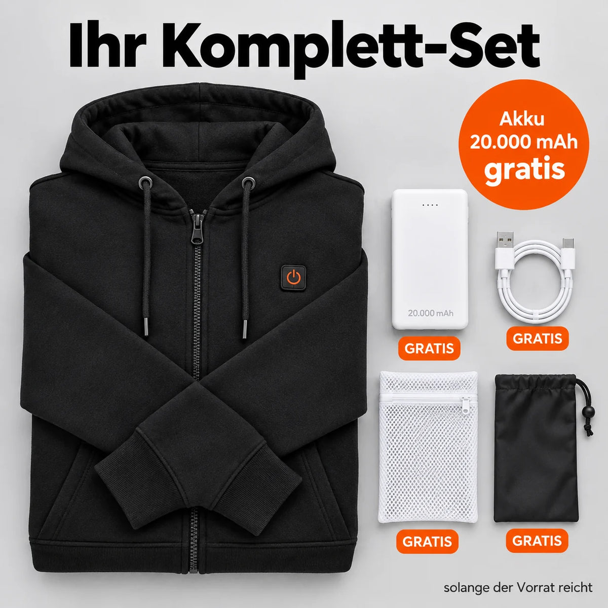 Complete Set: Voltor, 20,000 mAh power bank, charging cable, laundry bag and storage bag