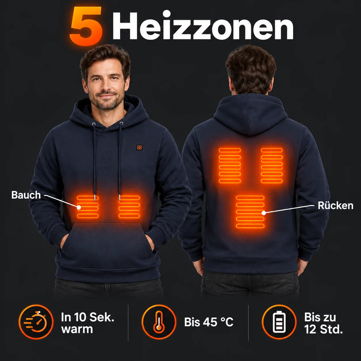 Men's heated hoodie PyreFit Zippa: 5 heating zones across the abdomen and back