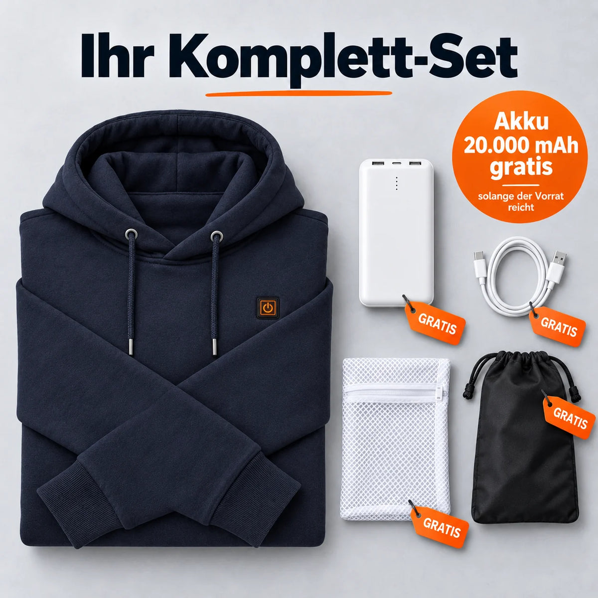 Complete Set: Zippa, 20,000 mAh power bank, charging cable, laundry bag and storage bag