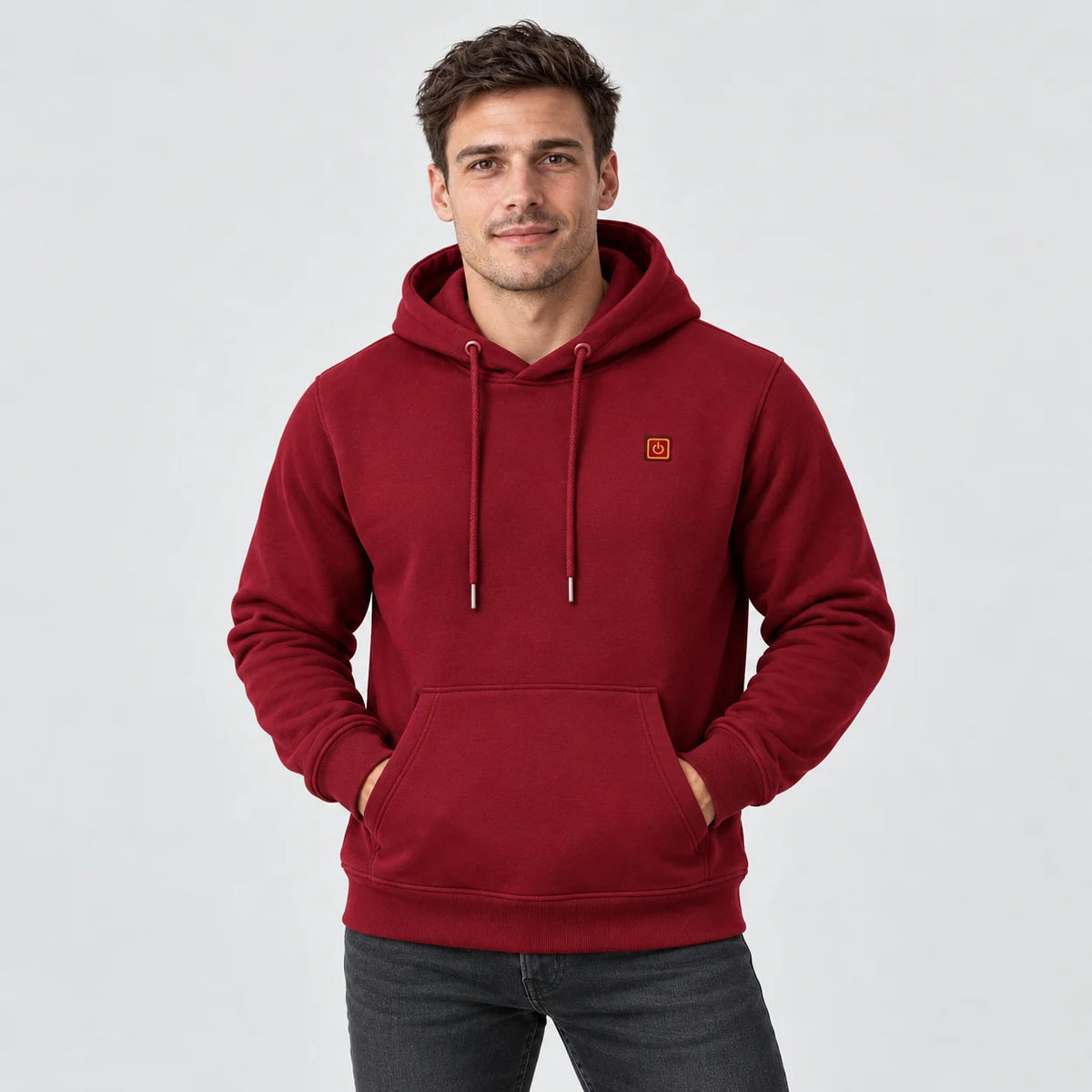 Men's heated hoodie PyreFit Zippa in burgundy, front view