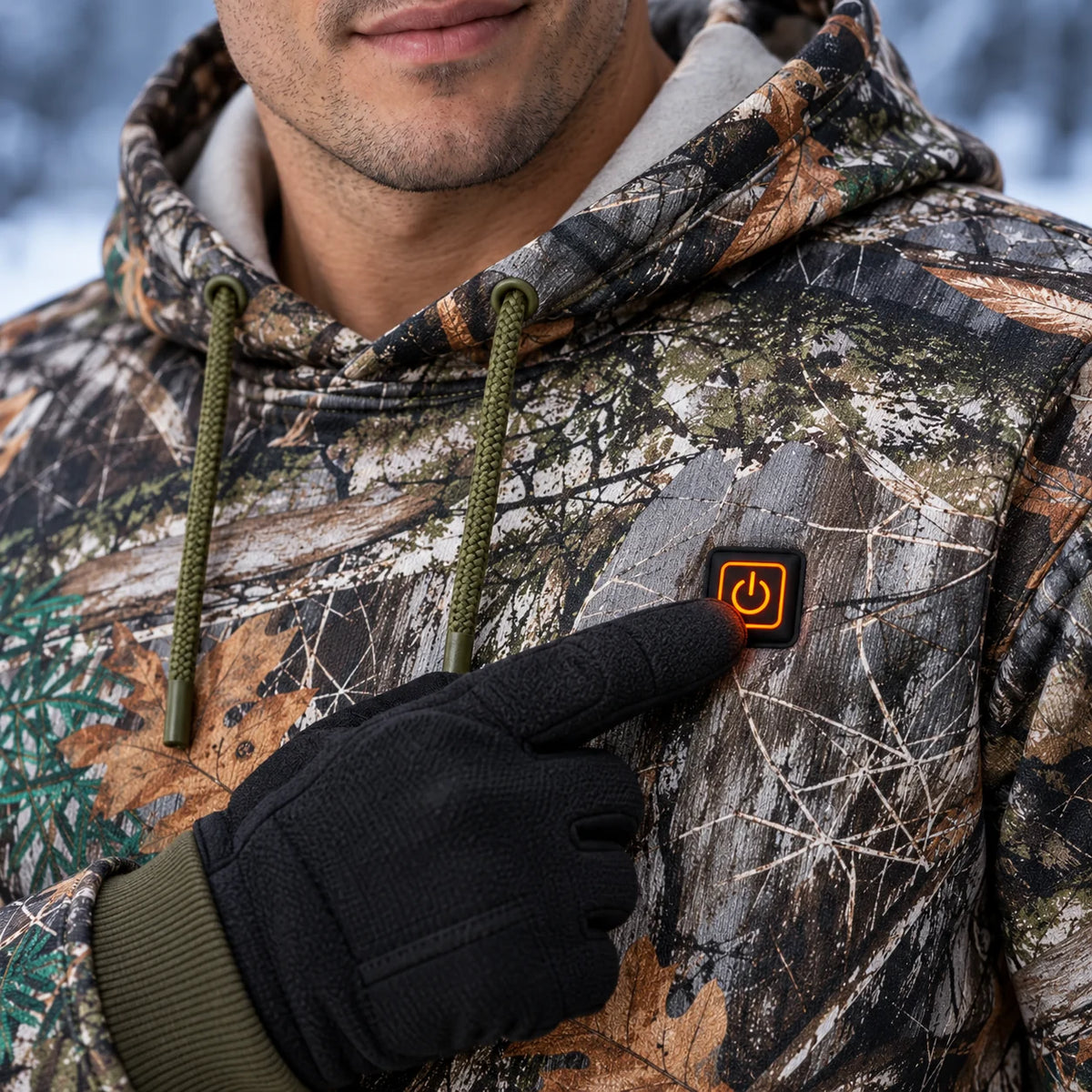 Heated forest camo hoodie PyreFit Zippo, control button close-up