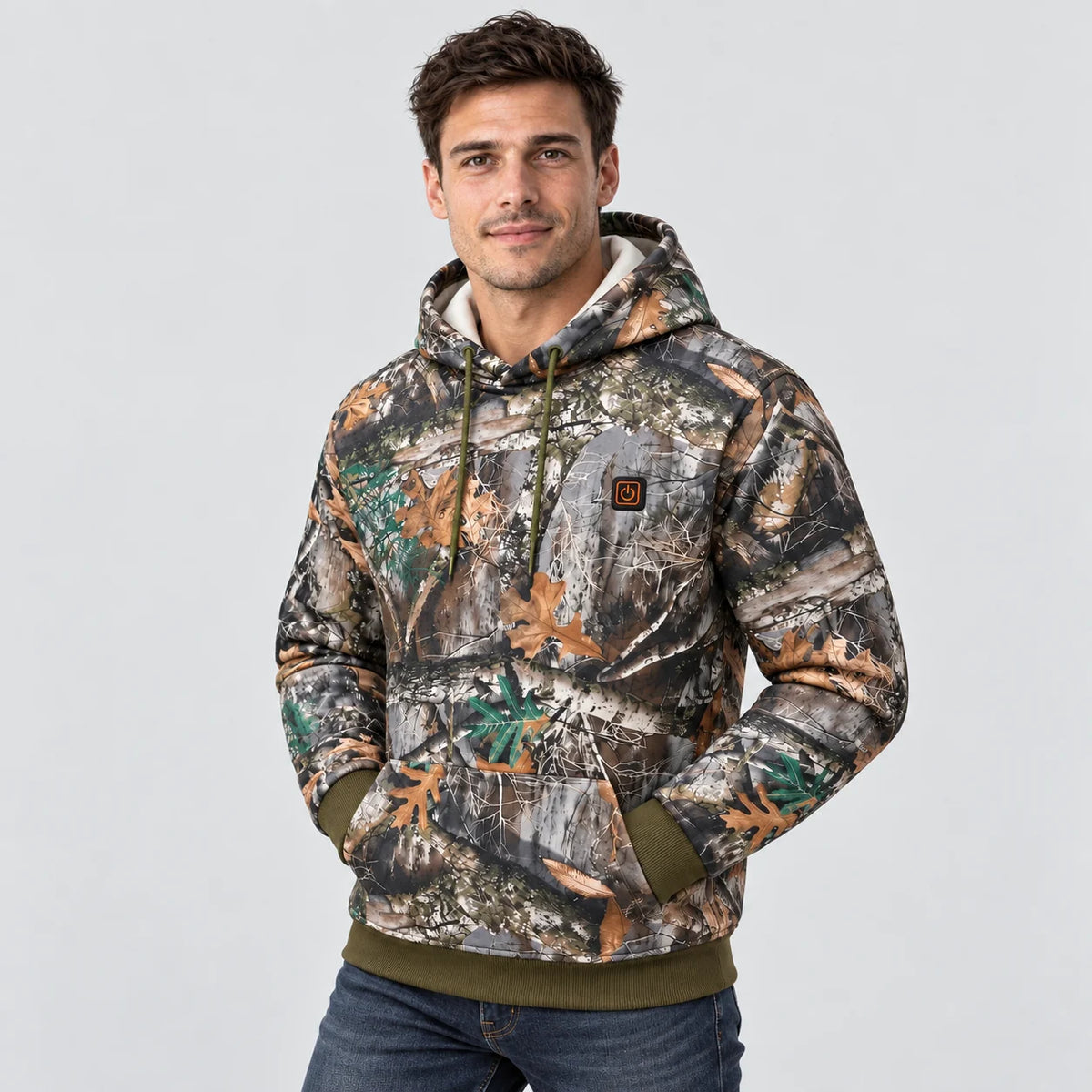 Heated forest camo hoodie PyreFit Zippo, worn, front view