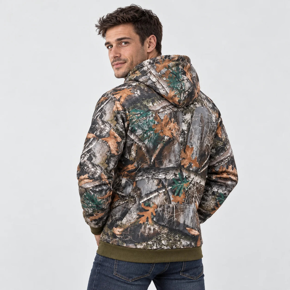 Heated forest camo hoodie PyreFit Zippo, back view