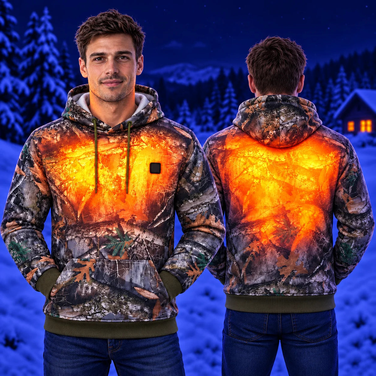 Heated forest camo hoodie PyreFit Zippo – warmth across the chest and back