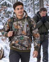 Heated forest camo hoodie PyreFit Zippo on a winter day: in the woods