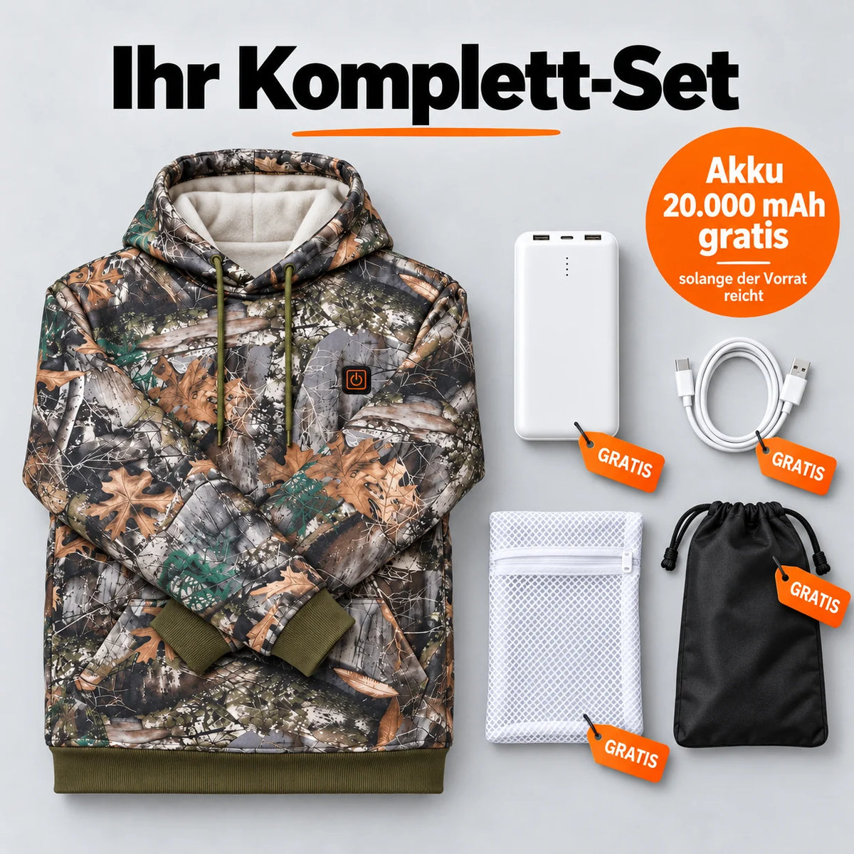 Complete Set: Zippo, 20,000 mAh power bank, charging cable, laundry bag and storage bag