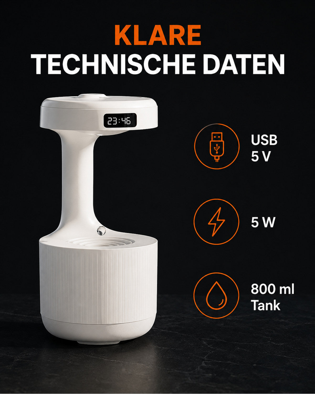 Humidifier with raindrop effect and LED clock – product view 9